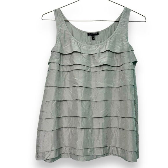 Eileen Fisher Tops - Eileen Fisher Womens‎ Medium Tank Top Silk Habutai Layered Moon Gray Ruffle